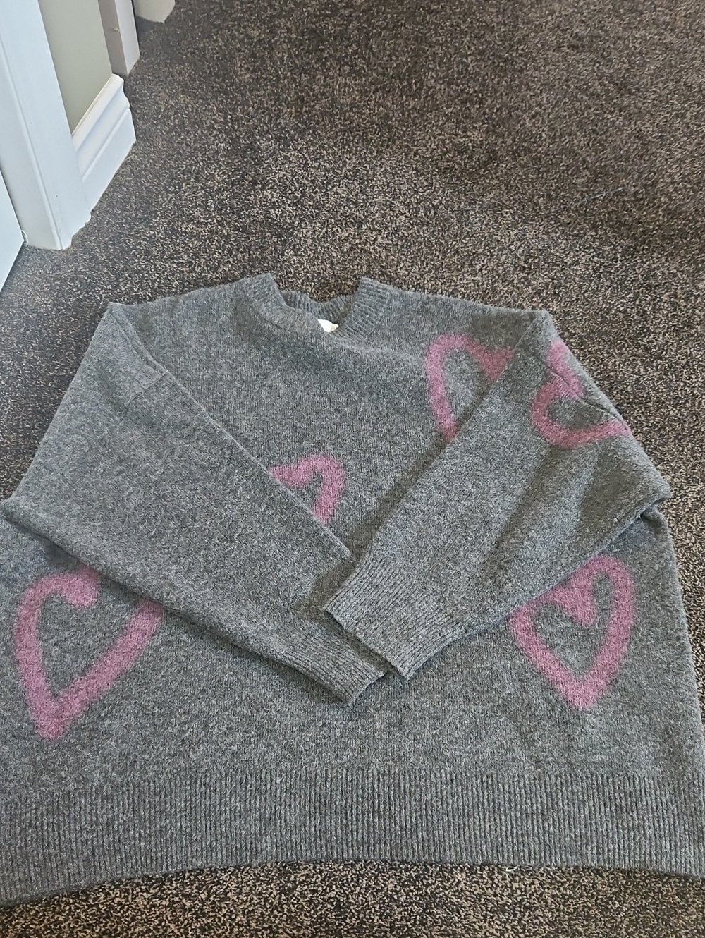OAK + FORT Gray Sweater with Pink Heart Motifs